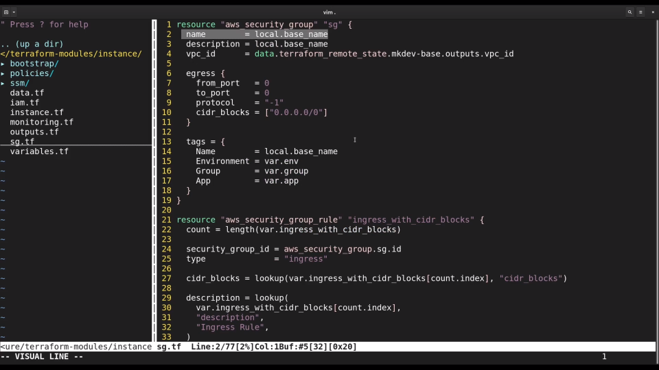 Screenshot of a computer screen displaying code in a text editor (Vim), showing a Terraform configuration for AWS security groups and rules.