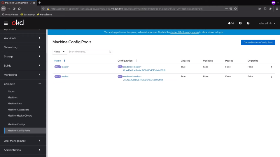 Screenshot of an OKD (OpenShift Kubernetes Distribution) console showing the Machine Config Pools page with a list of configurations for master and worker nodes.
