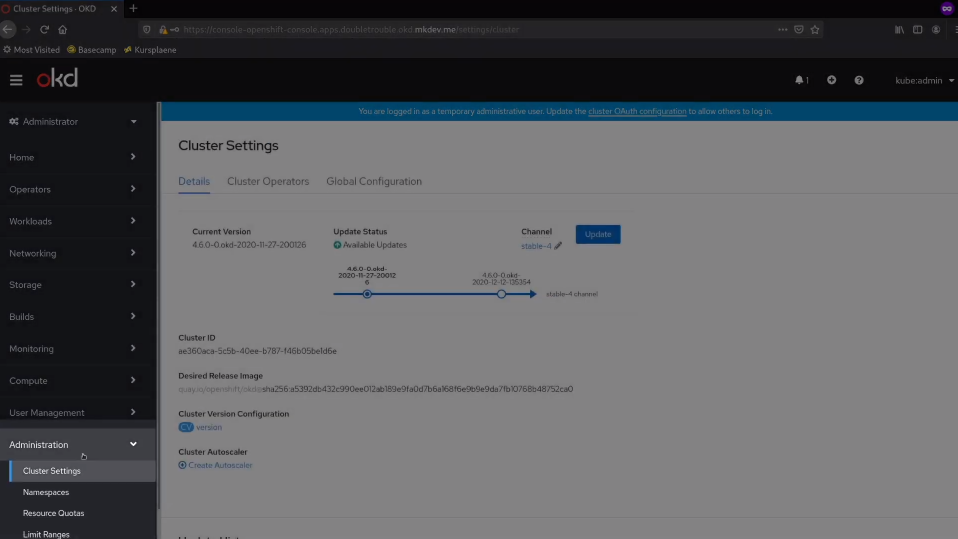 Screenshot of a software interface for OpenShift cluster settings showing current version, update status, and cluster ID information.