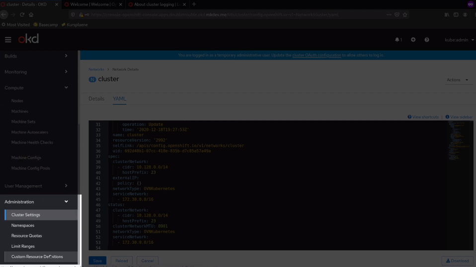 Screenshot of a computer interface showing the YAML configuration for cluster networking settings in a Kubernetes management platform.