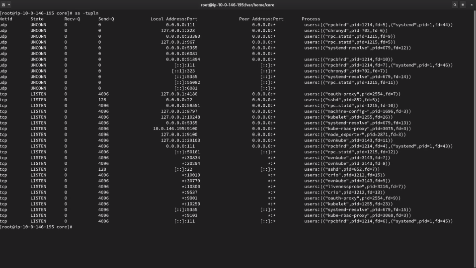 Screenshot of a terminal with the command 'ss -tuln' executed, displaying a list of network connections and associated processes in a table format with columns for Netid, State, Recv-Q, Send-Q, Local Address:Port, Peer Address:Port, and Process.