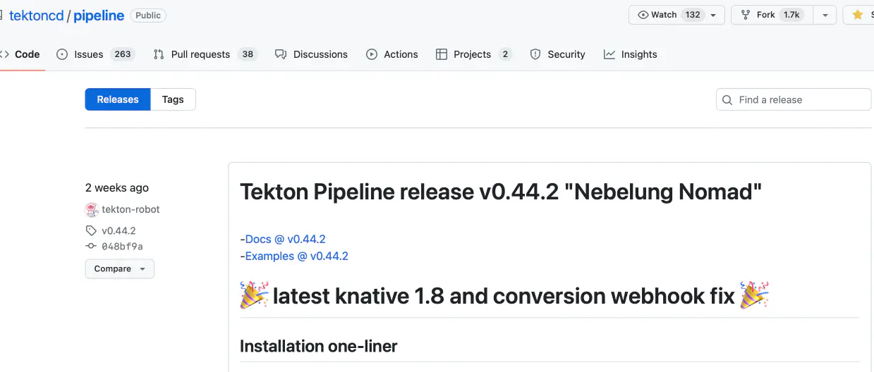 Screenshot of Tekton Pipeline's GitHub page highlighting release v0.44.2 'Nebelung Nomad' with details on documentation, examples, and a note on the latest knative update.