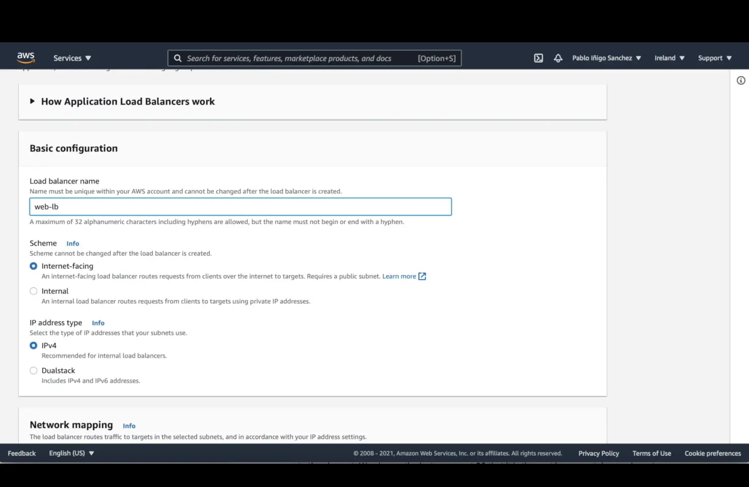 Screenshot of AWS console showing configuration options for an Application Load Balancer, including fields for load balancer name, scheme, IP address type, and network mapping.