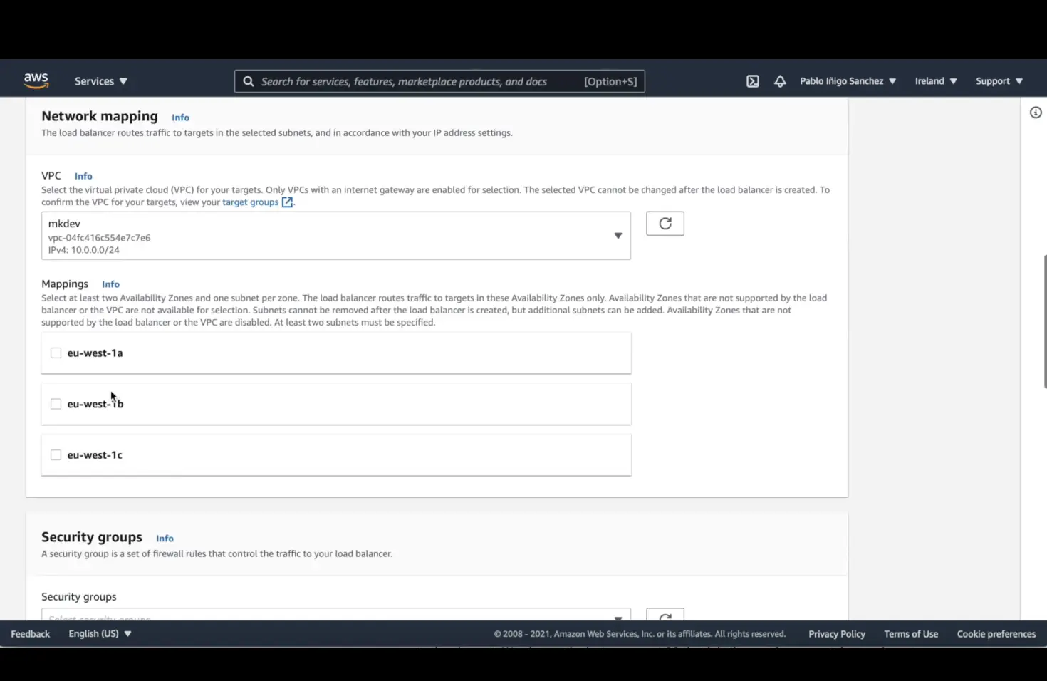 Screenshot of an AWS Management Console page showing network mapping settings for a load balancer, including sections for VPC selection and Availability Zones.