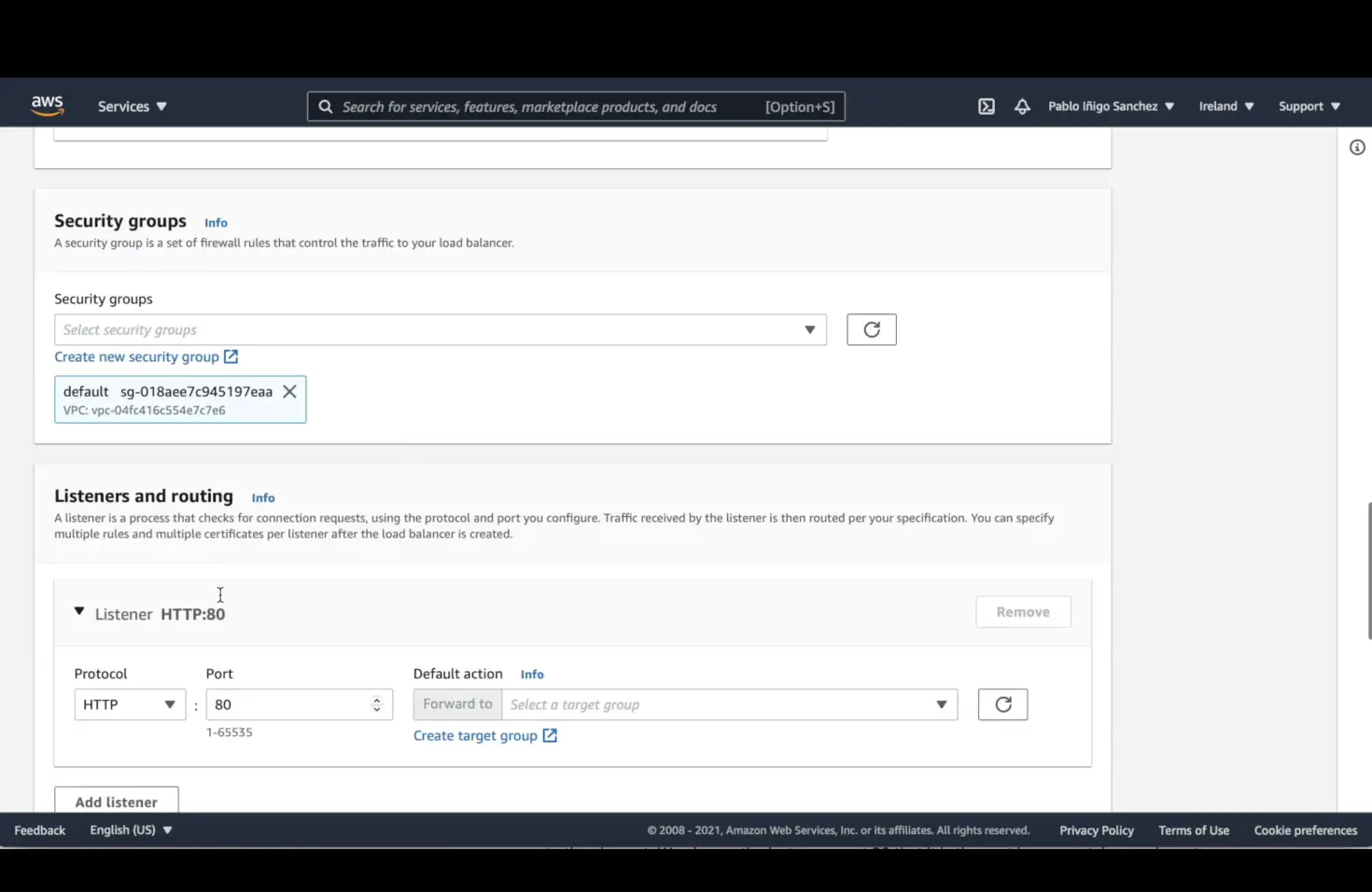 Screenshot of an AWS management console focusing on security group and listener configurations for a load balancer, with dropdown menus and information fields.