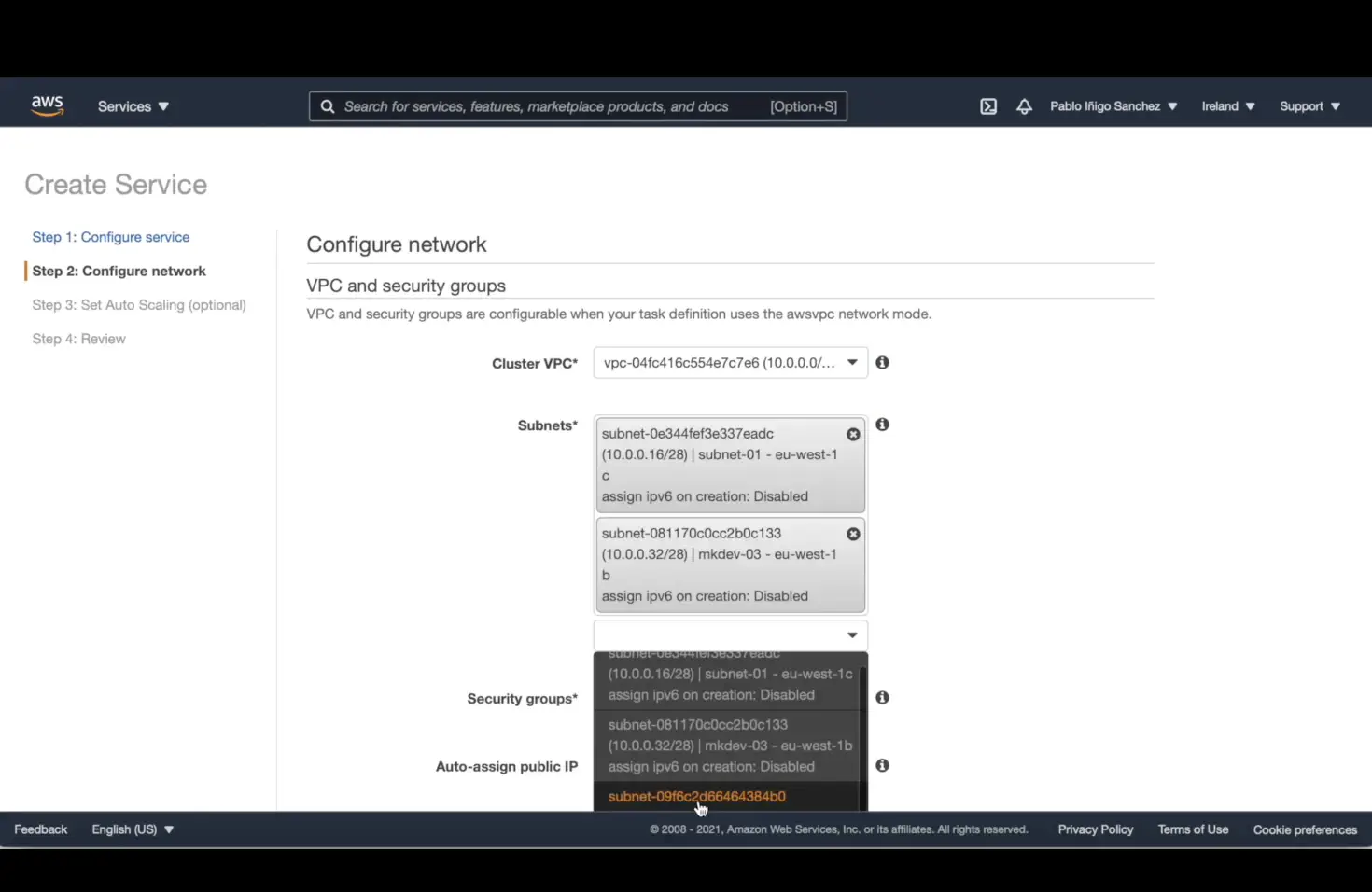 AWS management console interface showing the 'Create Service' page with steps for service configuration and network setup including selections for VPC, subnets, and security groups.
