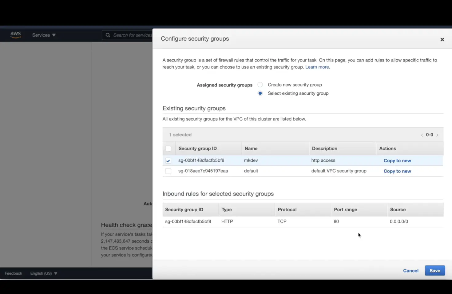 Screenshot of AWS management console showing the configuration of security groups, with options to select existing groups, and displaying inbound rules for selected security groups.