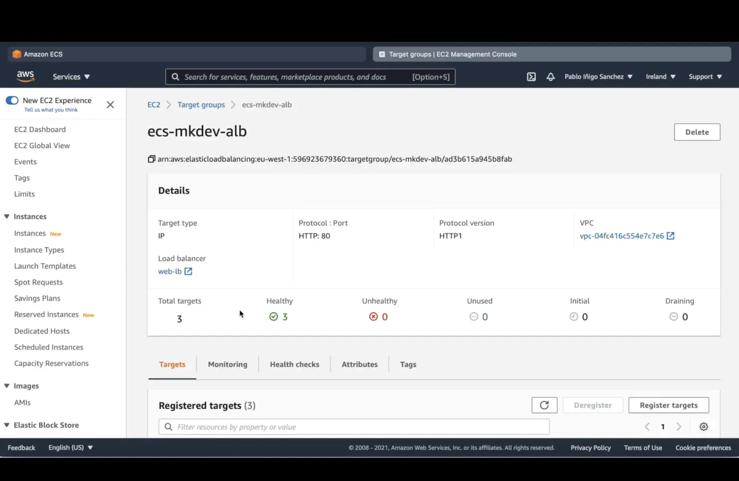 Screenshot of the Amazon ECS console showing an Elastic Load Balancer target group details with three healthy targets.