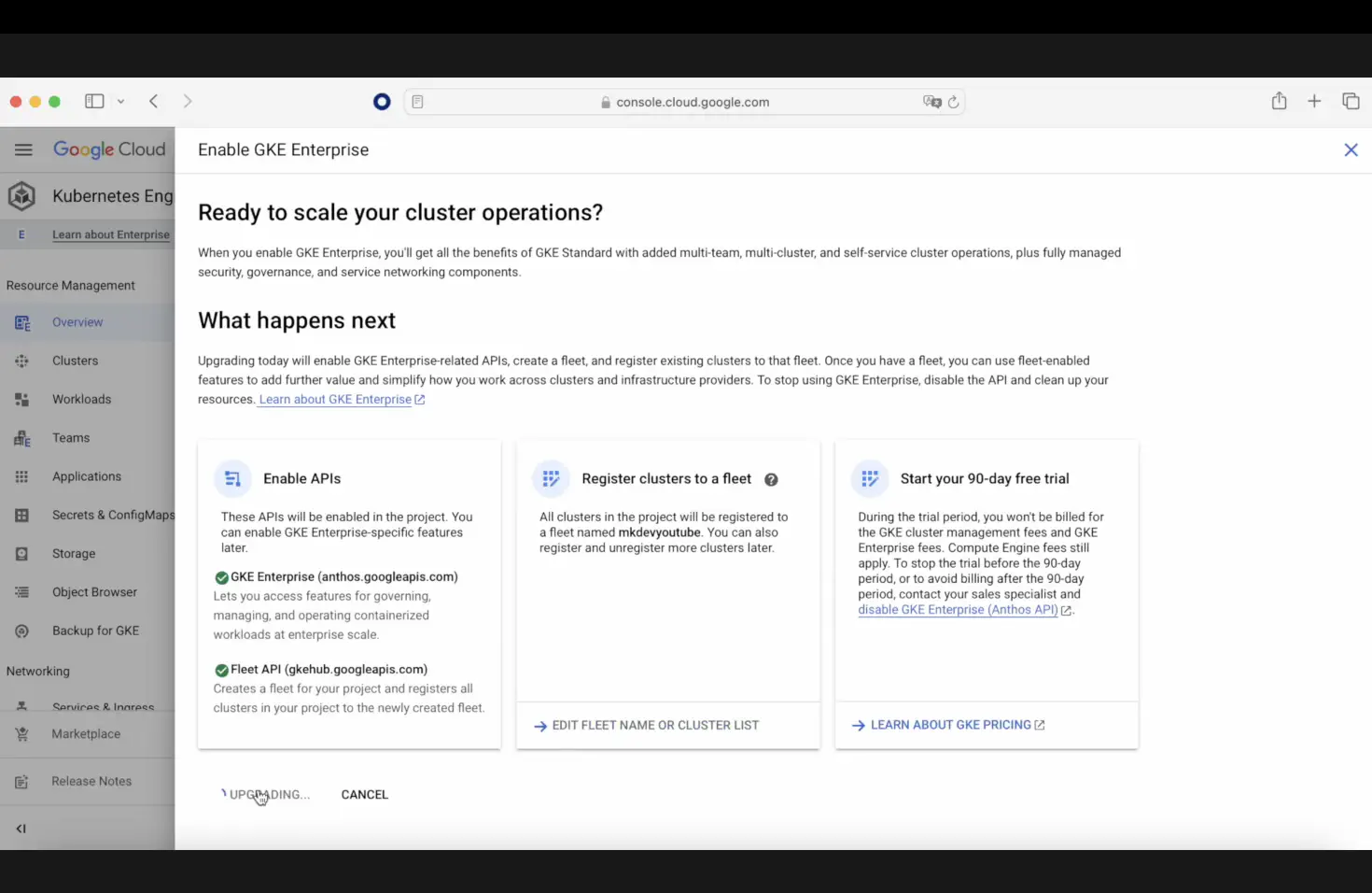 Screenshot of Google Cloud console showing a page to enable GKE Enterprise with sections on 'What happens next', 'Enable APIs', 'Register clusters to a fleet', and 'Start your 90-day free trial'.