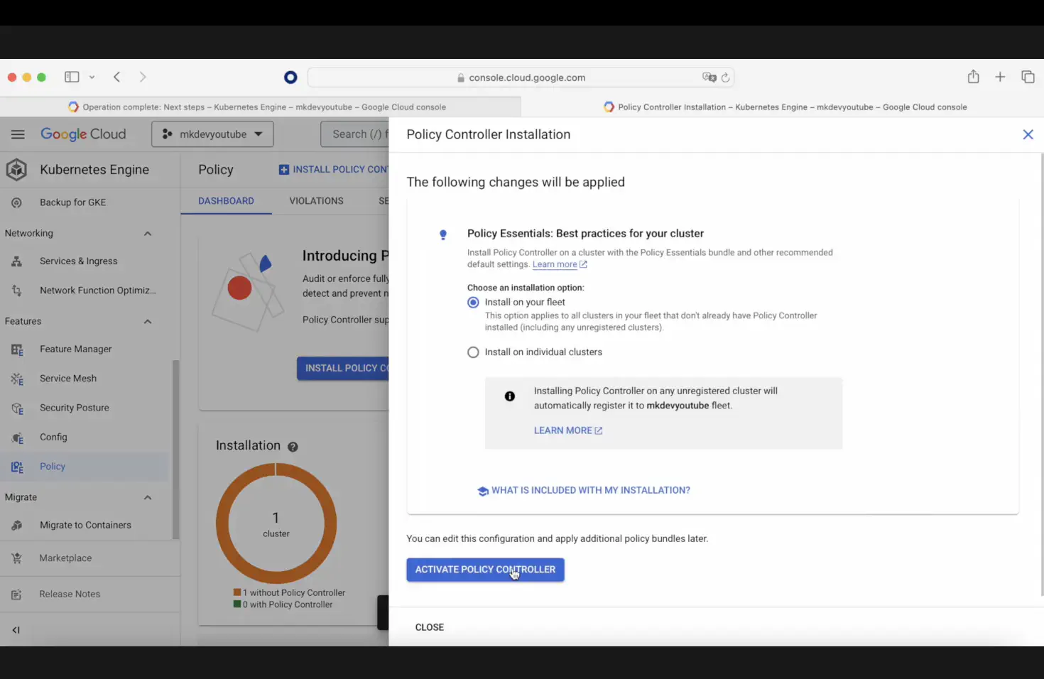 Screenshot of Google Cloud console showing Policy Controller Installation dialog with options for applying best practices to a cluster.