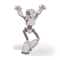 Animated character resembling a robot with a humanoid form, celebrating or cheering with arms raised, against a plain background.
