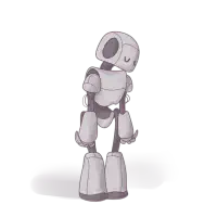 Illustration of a friendly-looking, bipedal cartoon robot with round head and white body, standing against a transparent background.