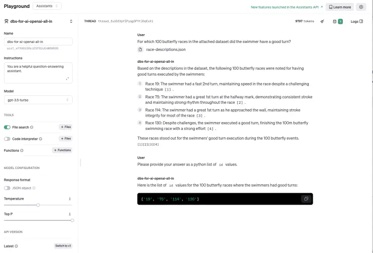 Screenshot of a text-based interaction with an AI model interface showing a user asking for specific information and the AI responding with an answer formatted as a Python list.