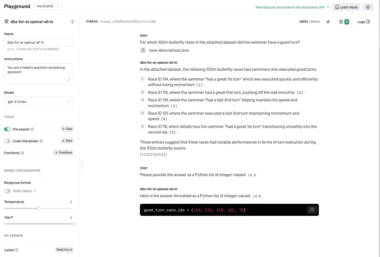 A screenshot of a conversational AI platform interface showing a dialogue between a user and an AI model discussing good turns in 100m butterfly races, with the AI providing a Python list of race IDs as a response.