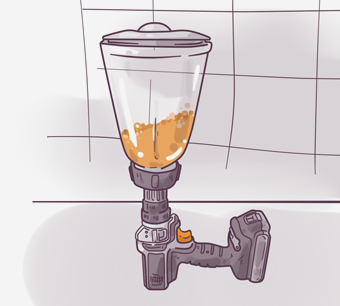 Illustration of a clear blender pitcher on top of a mechanical base with dials, set against a tiled background.