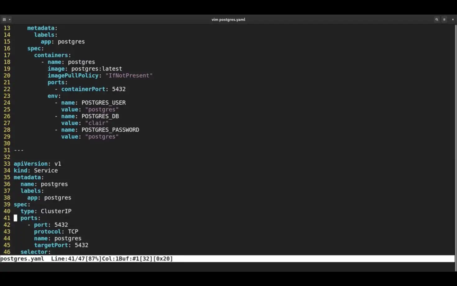 YAML configuration file for a PostgreSQL container. It specifies metadata, container image details, ports, environment variables for user, database, and password, and a service definition with ClusterIP type and specified ports for TCP protocol. Displayed in a text editor.