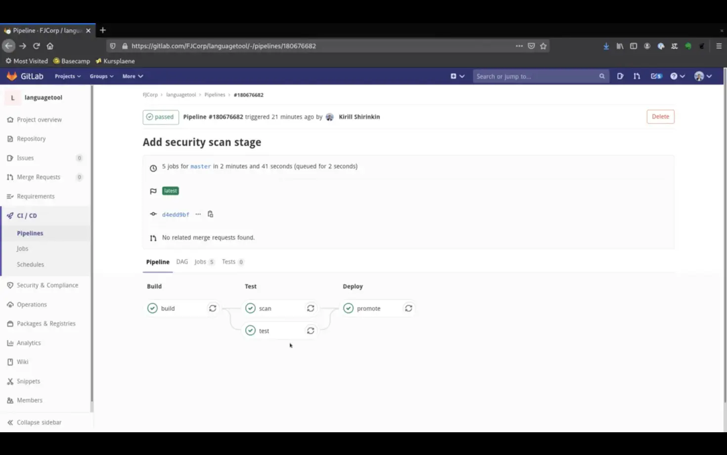 Screenshot of a GitLab CI/CD pipeline page showing a completed pipeline with stages: Build, Test, and Deploy. Each stage includes specific jobs such as build, scan, test, and promote. The pipeline status is marked as passed, with details on jobs executed for the master branch.