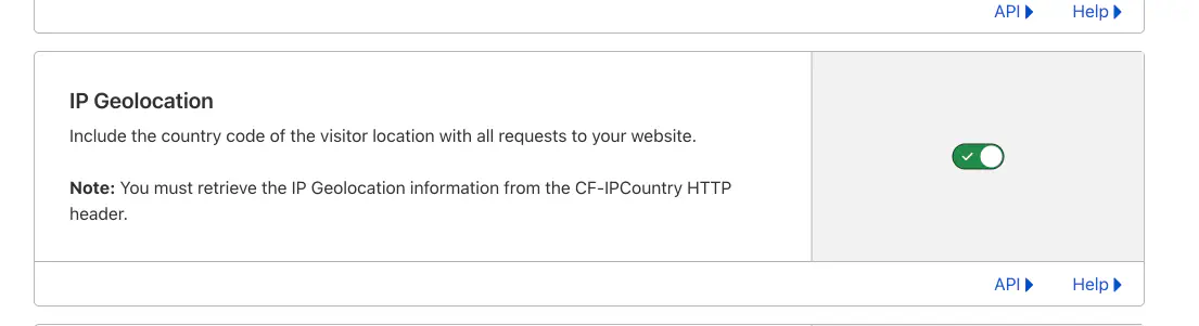 "Screenshot of an IP Geolocation setting section, showing text about including visitor country codes with requests and a green toggle switch turned on. Includes a note about retrieving IP Geolocation from the CF-IPCountry HTTP header, with API and Help links."