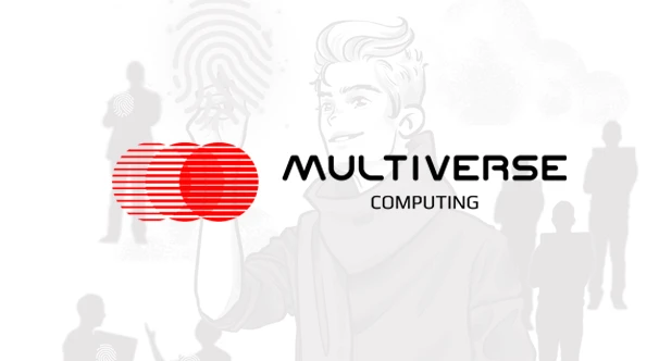 Illustration of a person interacting with a fingerprint scanner, featuring the text "Multiverse Computing" and a logo of red parallel stripes forming two circles. Background silhouettes depict people and digital interactions, symbolizing technology and innovation.