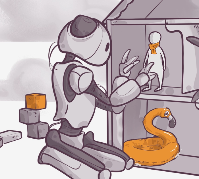 A robot kneels in front of a dollhouse, interacting with a figurine inside. The figurine wears an orange scarf. Next to it, an orange inflatable flamingo floats on the floor. Blocks are stacked in the background. The scene conveys creativity and playfulness in a stylized, artistic illustration.