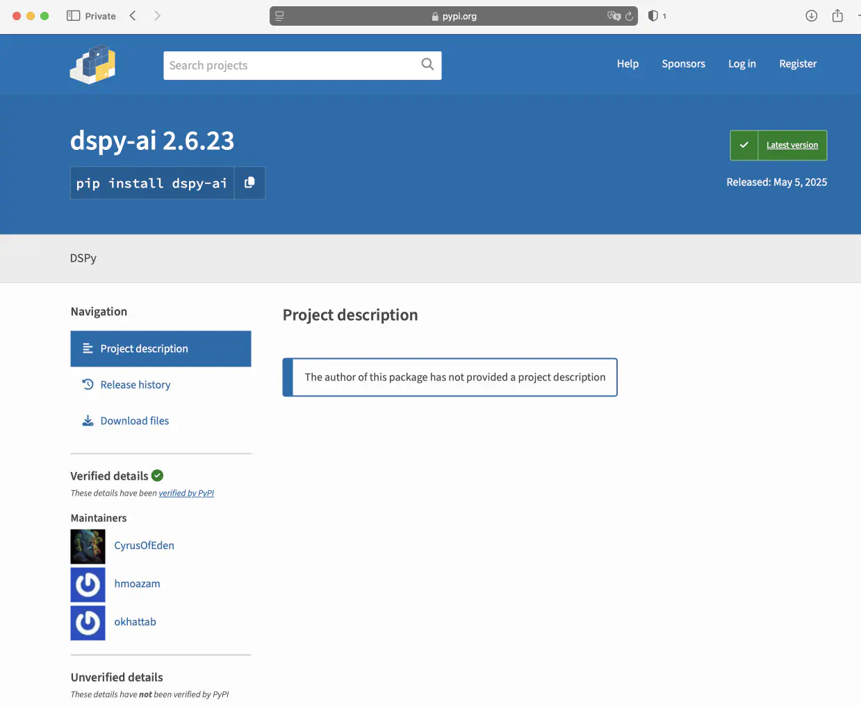 Screenshot of a PyPI project page for "dspy-ai" version 2.6.23. The page features a navigation menu, a notice that the project description is not provided, and verified maintainer details. A sidebar includes links to project description, release history, and download files.