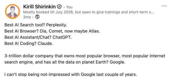 Image shows a social media post by a user discussing recommended AI tools like Perplexity, Dia, Comet, ChatGPT, and Claude. It mentions skepticism towards Google despite its massive influence and data ownership, noting disappointment with Google's performance in recent years.