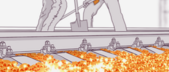 Illustration of a factory environment with machinery and conveyor belt carrying orange material, amidst signs of motion or activity, suggesting an industrial process.