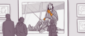 Illustration of two people viewing a museum exhibit featuring a historical figure in a period costume with a beard, standing behind railings as if on display, against a backdrop of framed pictures.