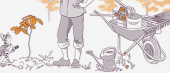 An illustration showing a person in garden attire standing beside a flowering plant and a cat, with a wheelbarrow full of gardening tools and a watering can in the foreground.