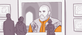 Illustration of two people observing a portrait of a bearded man in a gallery, with other framed artworks in the background.