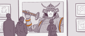 Illustration of a museum gallery with visitors looking at a life-sized samurai armor exhibit holding a sword; surrounded by framed artworks on the walls.
