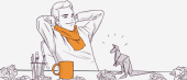 Illustration of a relaxed person with hands behind head, an orange scarf, and a cup on the desk, surrounded by crumpled paper balls and a small origami figure.