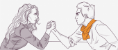 Illustration of a man and a woman engaged in an arm wrestling match, both intensely focused on the competition.