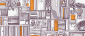 Illustration of a large bookshelf filled with books, ornaments, a sleeping cat, potted plants, framed pictures, and various knick-knacks. The color scheme is monochromatic with a focus on purple hues.