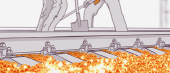 Illustration of a factory environment with machinery and conveyor belt carrying orange material, amidst signs of motion or activity, suggesting an industrial process.