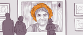 Illustration of a smiling person with short orange hair peering out of a window, with reflections of three people passing by, framed by drawings on the wall.