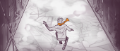 An illustration of a person running towards the viewer in a foggy, eerie alleyway. The character is depicted with an exaggerated expression of fear or urgency, wearing a loose shirt and a flowing scarf.