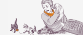 Illustration of a person holding a cat with a gentle expression while several other cats play and rest around them, with a cat carrier on one side.