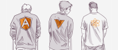 Illustration of three men standing side by side, with their backs to the viewer, each wearing a jacket with a different symbol: a red 'A', an orange 'V', and a yellow atom-like symbol.