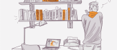 Illustration of a person standing at a study desk with a laptop, papers, and lamp, reaching for a book on a shelf full of books.
