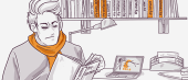 Illustration of a person reading a book at a desk with a laptop open next to them, books on a shelf above, and a lamp, in a purple and orange color scheme.