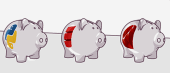 Three piggy banks in a row with varying amounts of paint on them, representing different stages of a savings goal; the first piggy bank has colorful paint on its forehead, the second is half-painted, and the third is fully painted except for the snout.