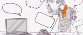 Illustration of a person multitasking with a phone and laptop amidst various communication symbols like speech bubbles and a rotary phone, conveying a busy work environment.