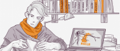 An illustrated image of a person with a scarf reading a book at a desk with a laptop displaying a broken 'Rails' logo; shelves with books labeled 'RUBY' and 'RAILS' in the background.