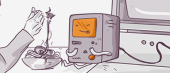 Illustration of a cartoonish hand feeding spaghetti to a happy, anthropomorphic computer with a smiling face on the monitor, next to a traditional computer mouse.