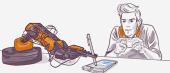 An illustration of a man pondering over a smartphone with a disassembled robotic arm and tools spread out on a table, suggesting repair or technical work.
