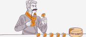 Illustration of a man with a mustache evaluating a scent from an amber bottle among several lined up with a label "TEST SUBJECT".