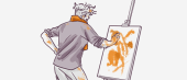 An illustrated person with white hair painting on a canvas with broad orange strokes, standing in a relaxed posture, wearing a jacket and a scarf.