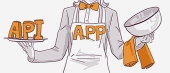 An illustration of a person without a visible face, wearing a bow tie and apron, serving the letters 'API' on a platter and holding a 'APP' covered dish in the other hand.