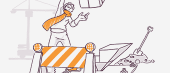 An illustrated construction site scene with a worker in a hard hat gesturing, a barrier, a laptop on a desk, a shovel, and construction equipment in the background.